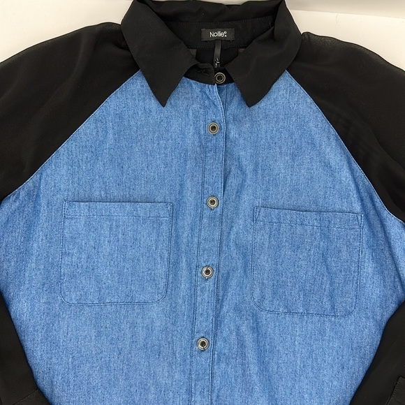 Nollie Contrast Chambray Denim Front Sheer Back Button Front Shirt Top L… - Picture 5 of 14